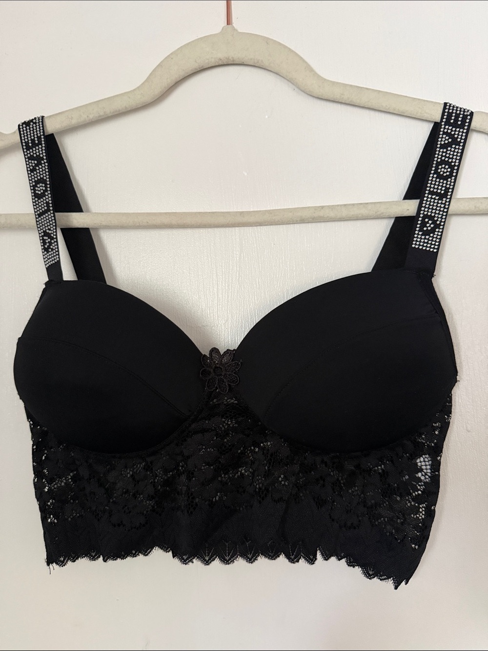 Black Lace Longline Bra with Embellished Straps M/L